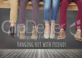 Hanging out with friends group of people's legs sitting on wood