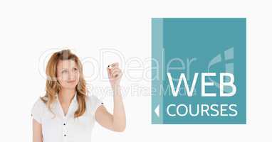 Education and web courses text and woman writing
