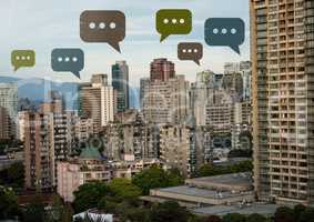 Chat bubble icons over city