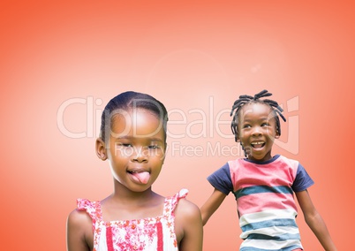 kids fooling around playing with blank orange background