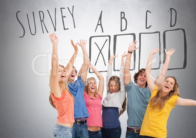 Group of students standing in front of Survey box ticked graphics