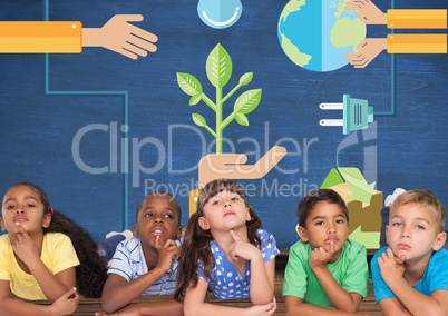 Kids thinking together and blue wall with recycling and renewable graphics