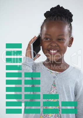 Infographics against office kid girl talking on the phone background