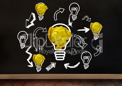 light bulbs with crumpled paper balls in front of blackboard