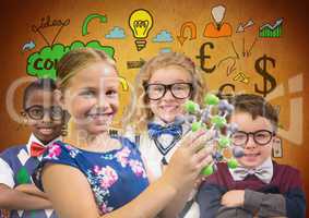 Science clever kids in front of rustic background with ideas drawings