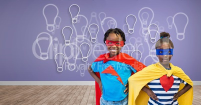 Superhero kids with purple wall with light bulb graphics