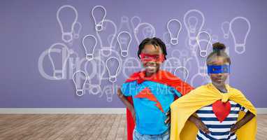 Superhero kids with purple wall with light bulb graphics