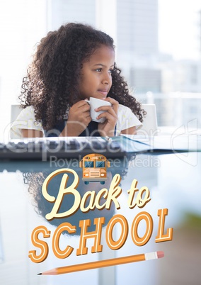 Back to school illustration against office kid girl drinking coffee background