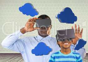 Father and son with VR headset in room and clouds graphics 3D