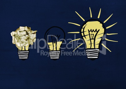 light bulbs with crumpled paper ball in front of blackboard