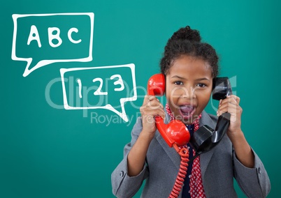 Surprised office kid girl talking on the phone against green background with education icons