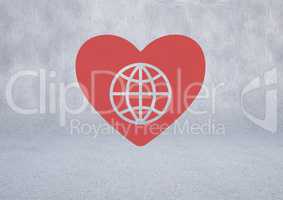 Heart with world globe charity over grey background