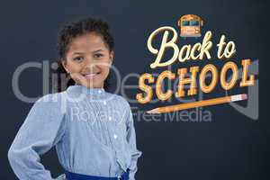 Happy office kid girl standing against blue background with back to school illustration