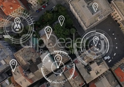 City aerial view with marker location pointers