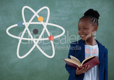 Happy office kid girl holding a book against green background with science icon
