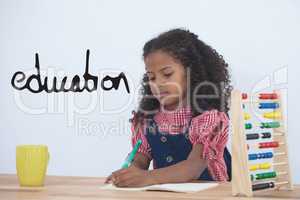 Education text against office kid girl writing background