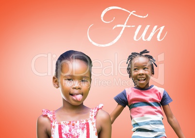 Fun text with kids fooling around playing with blank orange background
