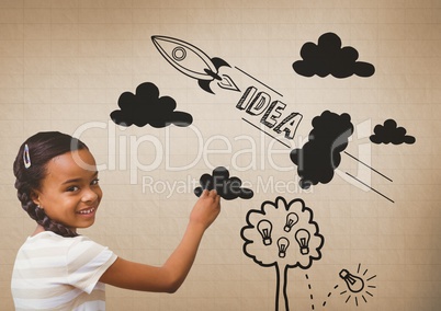 Girl drawing ideas in front of brown blank background