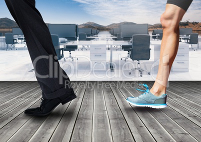 Businessman and athlete legs running with office and nature background