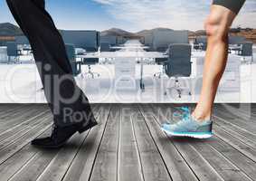 Businessman and athlete legs running with office and nature background