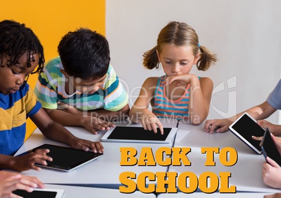 Education and back to school text and kids looking at a tablet at class