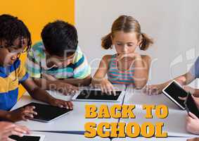 Education and back to school text and kids looking at a tablet at class