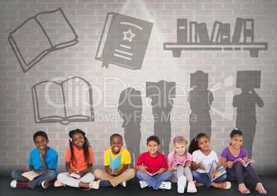 Group of children sitting in front of book reading silhouette graphics