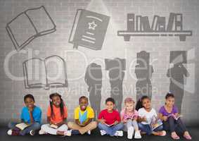 Group of children sitting in front of book reading silhouette graphics