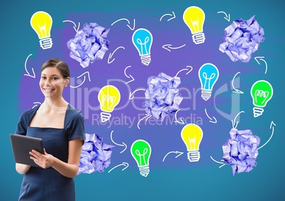 Woman on tablet standing next to light bulbs with crumpled paper balls