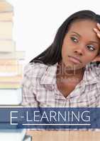 Education and e-learning text and woman thinking