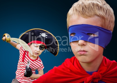Superhero boy and pirate boy with blue background