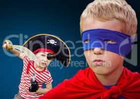 Superhero boy and pirate boy with blue background