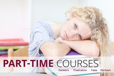 Education and part-time courses text and woman lying on books