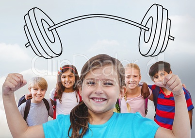 Girl flexing muscles with friends in front of grey background and barbell weights drawing