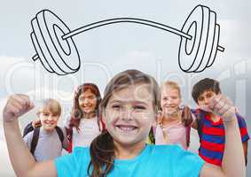 Girl flexing muscles with friends in front of grey background and barbell weights drawing