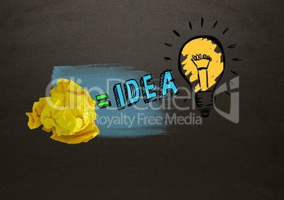 Crumpled paper equals idea light bulb with blackboard