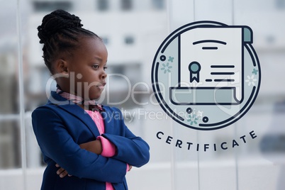 Education icons against office kid girl thinking background