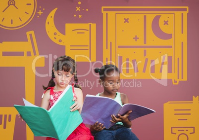 Kids reading in front of pink background with room window magical graphics