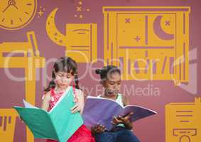 Kids reading in front of pink background with room window magical graphics