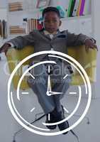 Clock icon against office kid boy sitting background