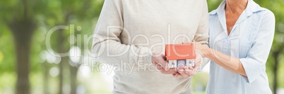 Couple holding a house against green background as concept of insurance