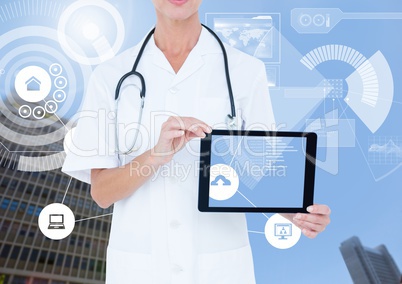 Doctor woman Holding tablet and City with icons and interface