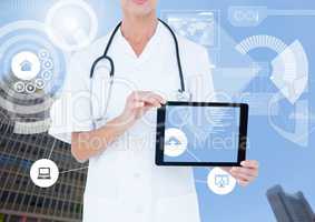 Doctor woman Holding tablet and City with icons and interface