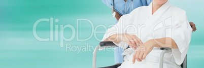 Patient and doctor standing against green background