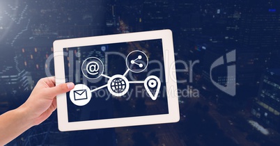 Holding tablet and City with icons connected