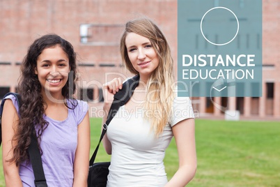 Distance education text and women standing