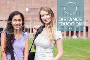 Distance education text and women standing