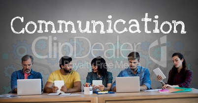 Communication text and Group of people on devices in front of cog wheels settings graphics