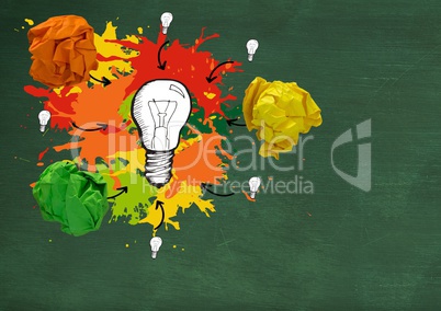 light bulb with colorful crumpled paper balls in front of blackboard