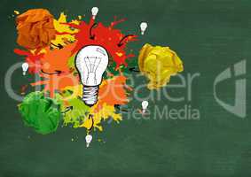 light bulb with colorful crumpled paper balls in front of blackboard